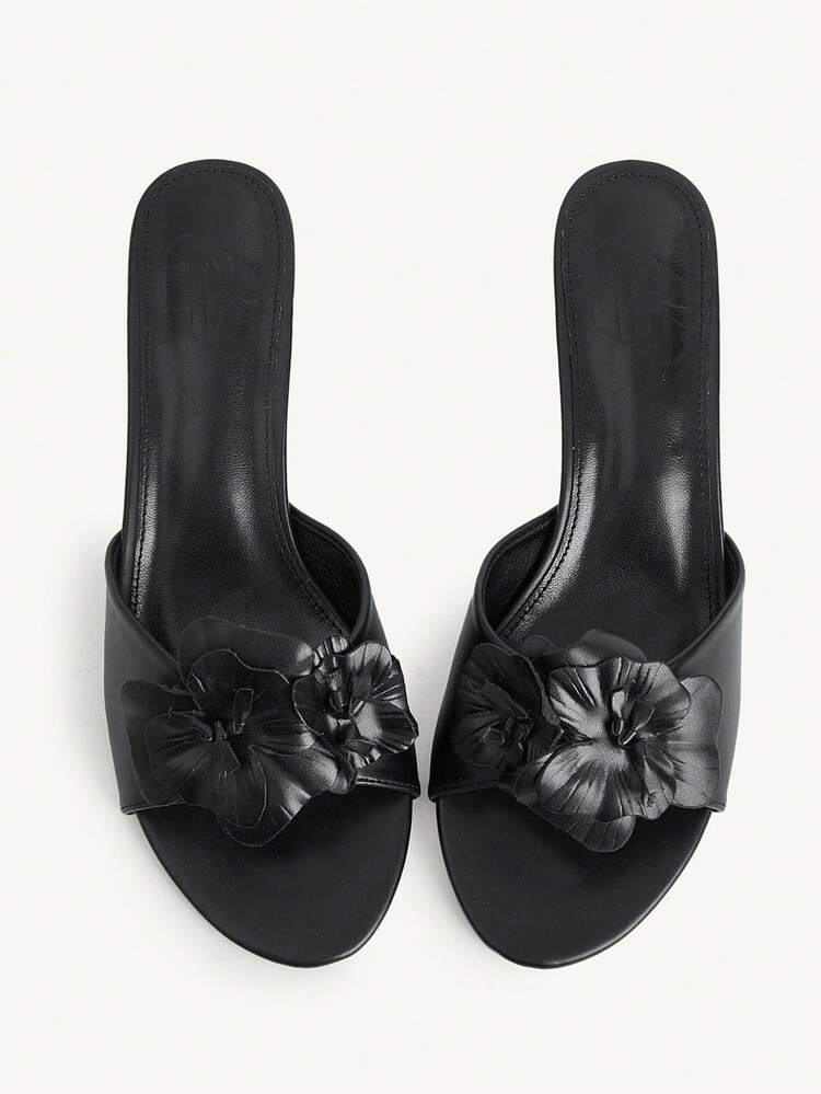 CUCCOO CHICEST Women Shoes Women's High Heel Sandals Spring And Summer New Flower Decoration Round Toe Thin Heel Backless Elegant Solid Color Fashion Daily Commuter Dating Vacation Shoes