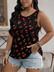 SHEIN VCAY Plus Size Cherry Print Round Neck Sleeveless Tank Top - Multicolor - View 4
