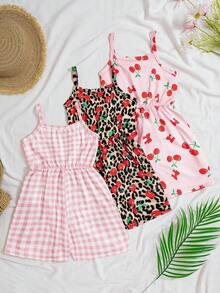 SHEIN Elladie kids 3件套女童夏季新款吊带樱桃豹纹纯色连体衣，简约百搭时尚度假风连体裤 - 彩色 - 查看 2
