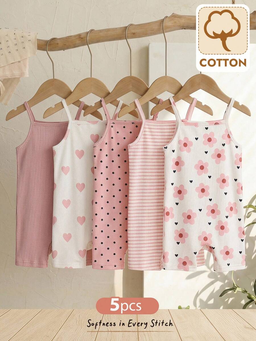 Cozy Pixies 5件套女婴夏季针织爱心、花朵、波点纯色休闲针织连体衣,适合夏季、室内、室外、度假及任何场合。 - 彩色 - 查看 1