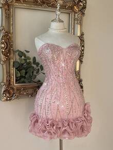 Lovelzi Pink Sequin Fabric Strapless 3D Floral Decor Bachelorette Party Wedding Graduation Season Vacation Afternoon Tea Outfit Prom Dress Cocktail Gown - Pink - View 4