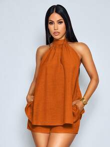 SOLERSUN Elegant, Casual Women's Neck-Worn Two-Piece Set In Spring/Summer Burnt Orange. Vacation Vacation Vacation - Rust Brown - View 5