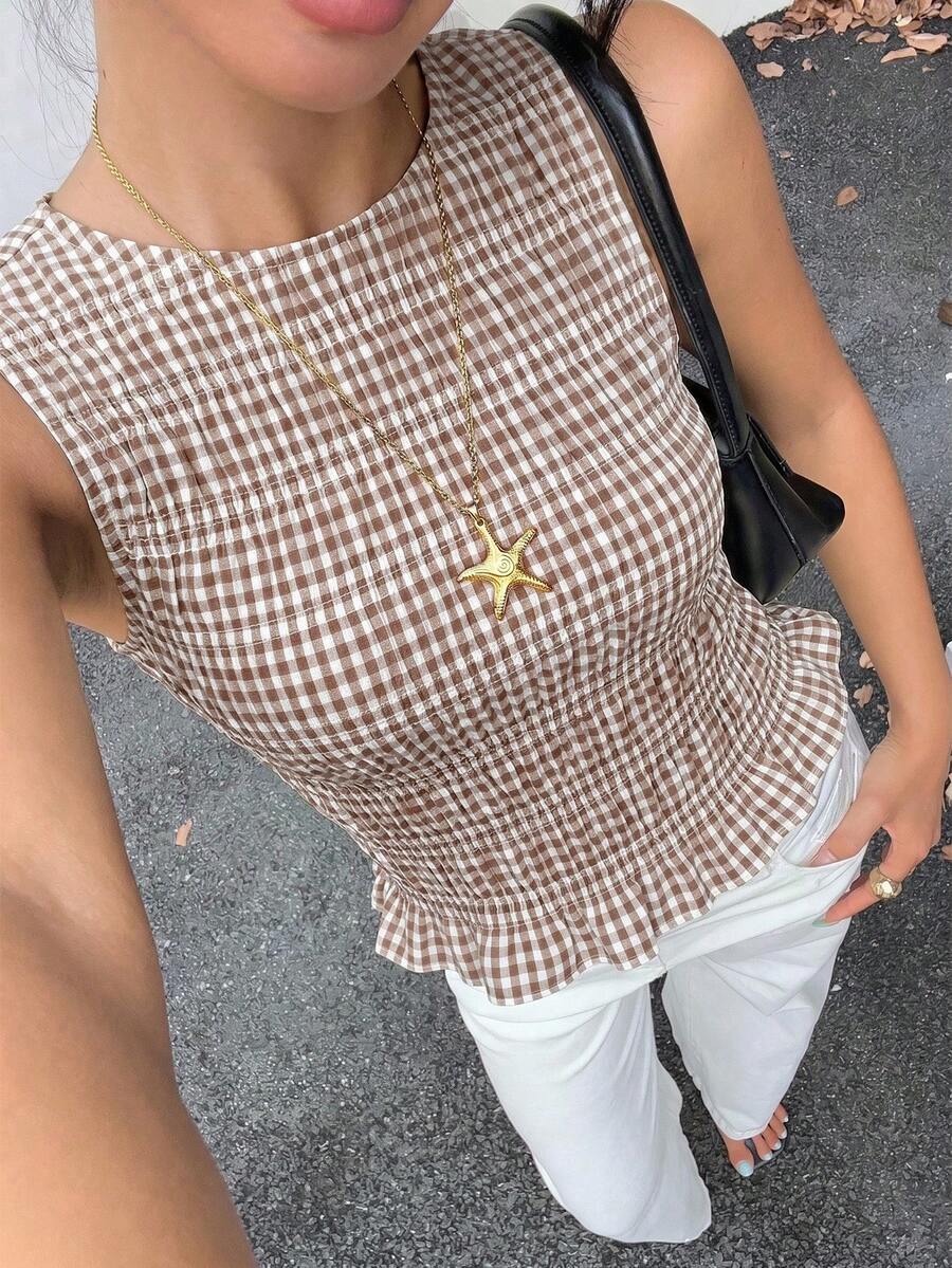 Siren Gaze 女款格紋美學鬆緊袖口無袖背心上衣,荷葉邊下擺,休閒夏季格紋鬆緊上衣 - 咖啡棕 - 查看 1