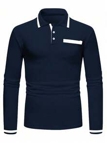 Manfinity Homme Camisa polo de manga larga con media abertura de botones, rayas y contraste de color para hombre, formal - Azul Marino - Ver 4