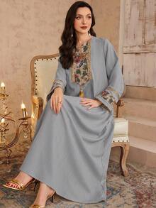 Al Najma Women's Spring/Summer 3D Floral Knit Collar Turkish Long Shirt & Traditional Arabic Long Shirt - Grey - View 3