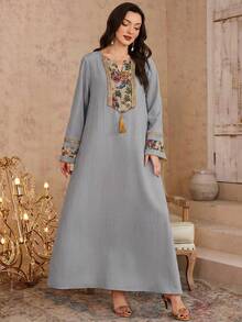 Al Najma Women's Spring/Summer 3D Floral Knit Collar Turkish Long Shirt & Traditional Arabic Long Shirt - Grey - View 4