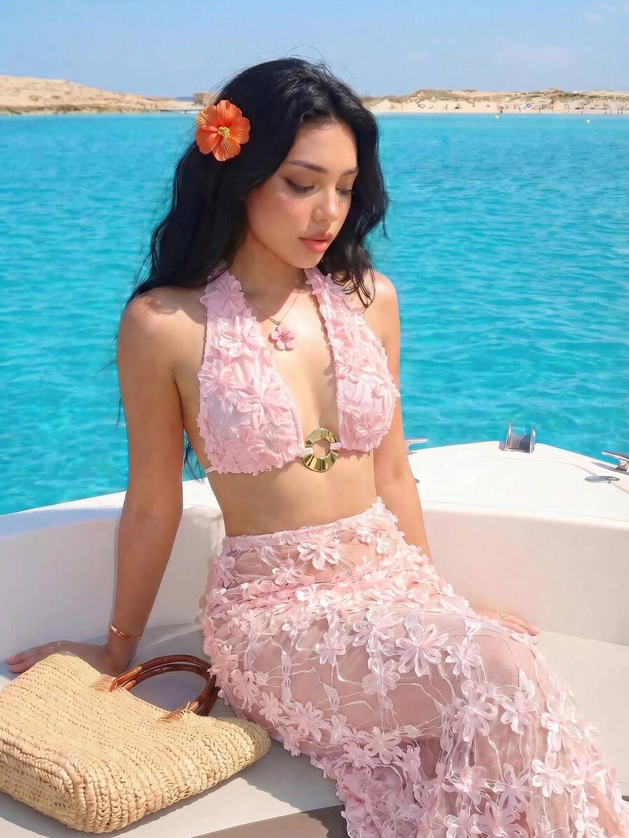 Sweetina 女款夏季度假海灘貼花掛脖上衣 - 粉色 - 查看 1