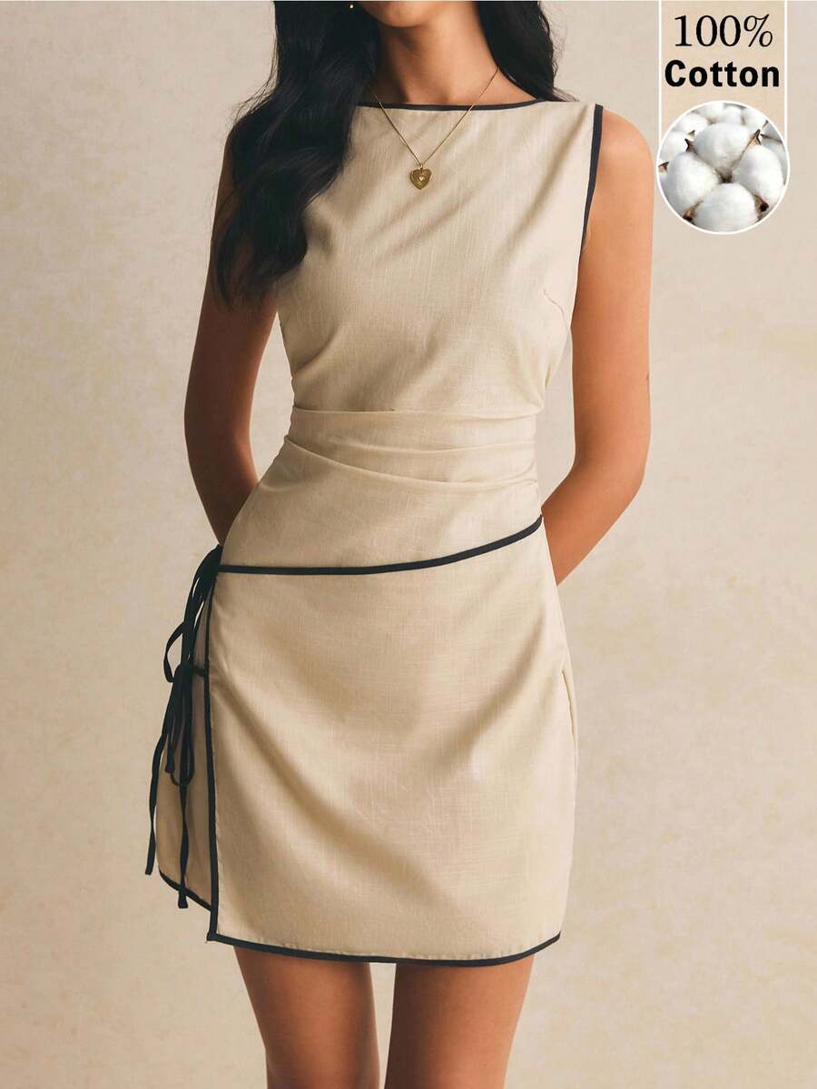 Poéselle 女款夏季休閒度假對比滾邊圍裹打結無袖洋裝