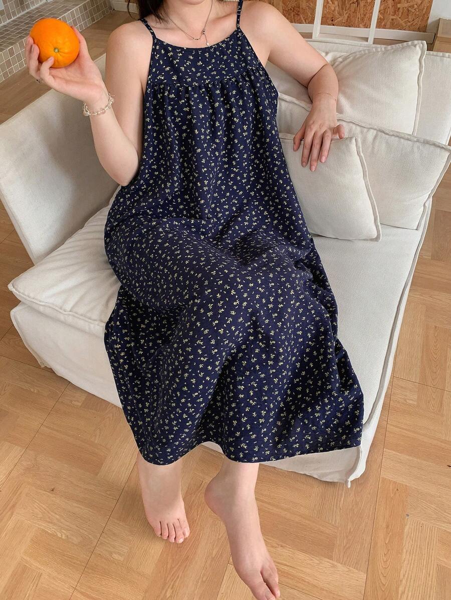 Dazy Plus 花卉印花寬鬆對比蕾絲優雅長款家居服大尺碼女款春夏睡袍睡衣 - 藍色 - 查看 1