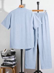 SHEIN Bộ 2 áo dệt kim cổ polo tay ngắn in họa tiết tương phản dáng rộng cho nam thiếu niên, phong cách thường ngày - Màu xanh nhạt - Xem 2