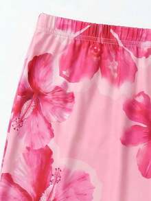 Young Girl Casual Vacation Floral Print Camisole Top And Floral Print Skirt Set - Pink - View 5