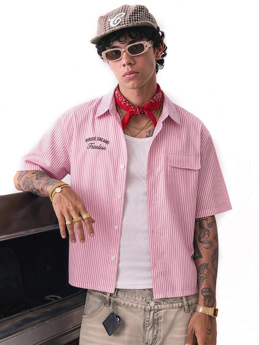 NORVETH Men's Striped Print Button-Front Casual Short Sleeve Shirt - Pink - View 1