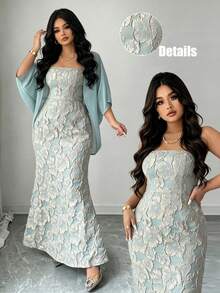 Elenzga Spring/Summer Plus Size Strapless Cinched Waist Mermaid Bean Green Light Green Mint Green Textured Jacquard Heavy Floral Relief Long Dress, Chiffon Sheer Open Front Design Jacket, Plus Size Women Elegant Exquisite Vacation Date Commute Romantic Two Pieces Set - Green - View 4