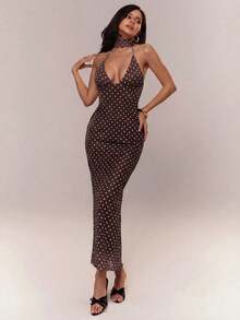 Aloruh Romantic Date Night Brown Polka Dot Mesh Halter Tie Strap Maxi Bodycon Dress For Women - Brown - View 2