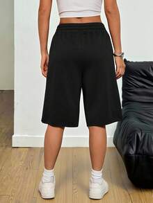 SHEIN PETITE Shorts bermuda de pierna ancha de punto negro con cintura de cordón para mujer, casual, para mujeres de talla pequeña - Negro - Ver 3
