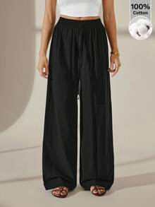 SHEIN Tall Women's Solid Color Casual Straight-Leg Pants Winter Black Spring - Black - View 5