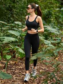 Exploreva Exploreva 女款瑜珈戶外高腰收腹無縫內搭褲；休閒高彈性百搭運動內搭褲；適用於健身；騎單車；跑步；運動； - 黑色 - 查看 7