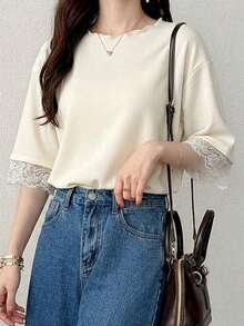 FRIFUL Women's Wavy Frill Trim Striped Loose Colorblock Edge Short Sleeve T-Shirt Summer Top - White - View 7