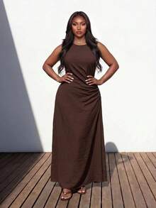 Truni Plus Size Backless Sleeveless Ruffled Flared Waist Mini Dress – Stylish Casual Elegant Summer Party Vacation Outfit Brown - Brown - View 6