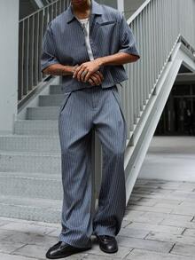 Major Grit 男士藍白條紋夏季街頭風套裝，休閒寬鬆短袖上衣與長褲，日系城市度假風圖案中性情侶套裝 - 灰色 - 查看 7