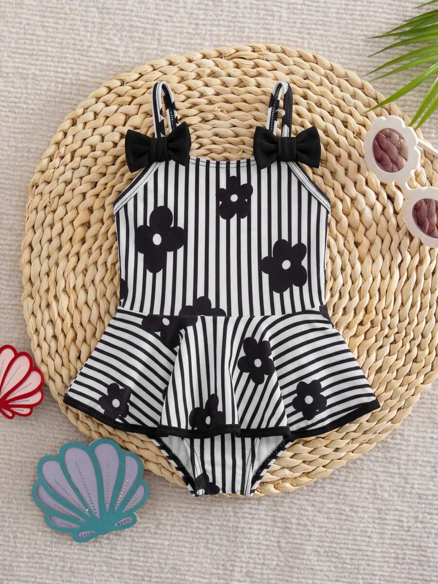 SHEIN BABY GIRLS SWIMSUIT One-Piece Swimsuit Cute Digital Floral Print Vertical Stripe Polyester Fabric - Black and White - View 1
