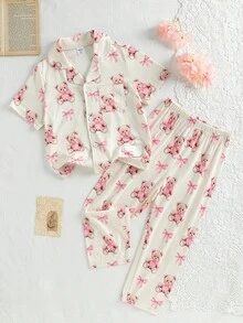 SHEIN 4-7歲女童睡衣套裝，小女孩熊圖案蝴蝶結前開襟翻領短袖長褲休閒時尚舒適兩件式居家服，春夏親膚舒適家居套裝，日常居家睡衣，女童休閒服飾 - 彩色 - 查看 10