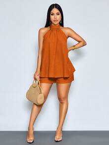 SOLERSUN Elegant, Casual Women's Neck-Worn Two-Piece Set In Spring/Summer Burnt Orange. Vacation Vacation Vacation - Rust Brown - View 7