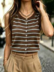 SHEIN Franclia Áo vest dệt kim không tay tối giản, thanh lịch, phối màu cà phê và xanh dương, kiểu dáng công sở thường ngày, thích hợp cho mùa xuân/hè. - Cà phê nâu - Xem 6