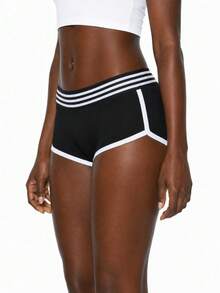 Rest Era Women's Casual Sports Striped Patchwork Elastic Shorts - Black - View 4