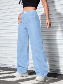 SHEIN ICON 大尺碼女款休閒寬鬆牛仔長褲 - 藍色 - 查看 4