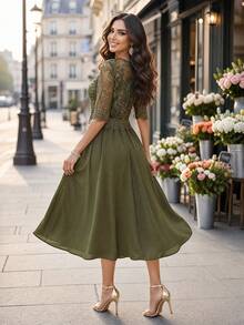 SHEIN Lady Women's Elegant Green Lace Short Sleeve Dress - Green - View 2