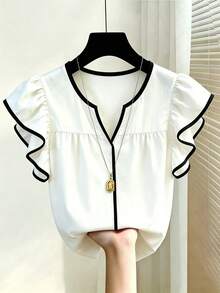 SHEIN Franclia Blouse décontractée d'été pour femmes, pour vacances et trajets quotidiens, avec bordure contrastée, col à encoche et emmanchures à volants - Blanc - Voir 4