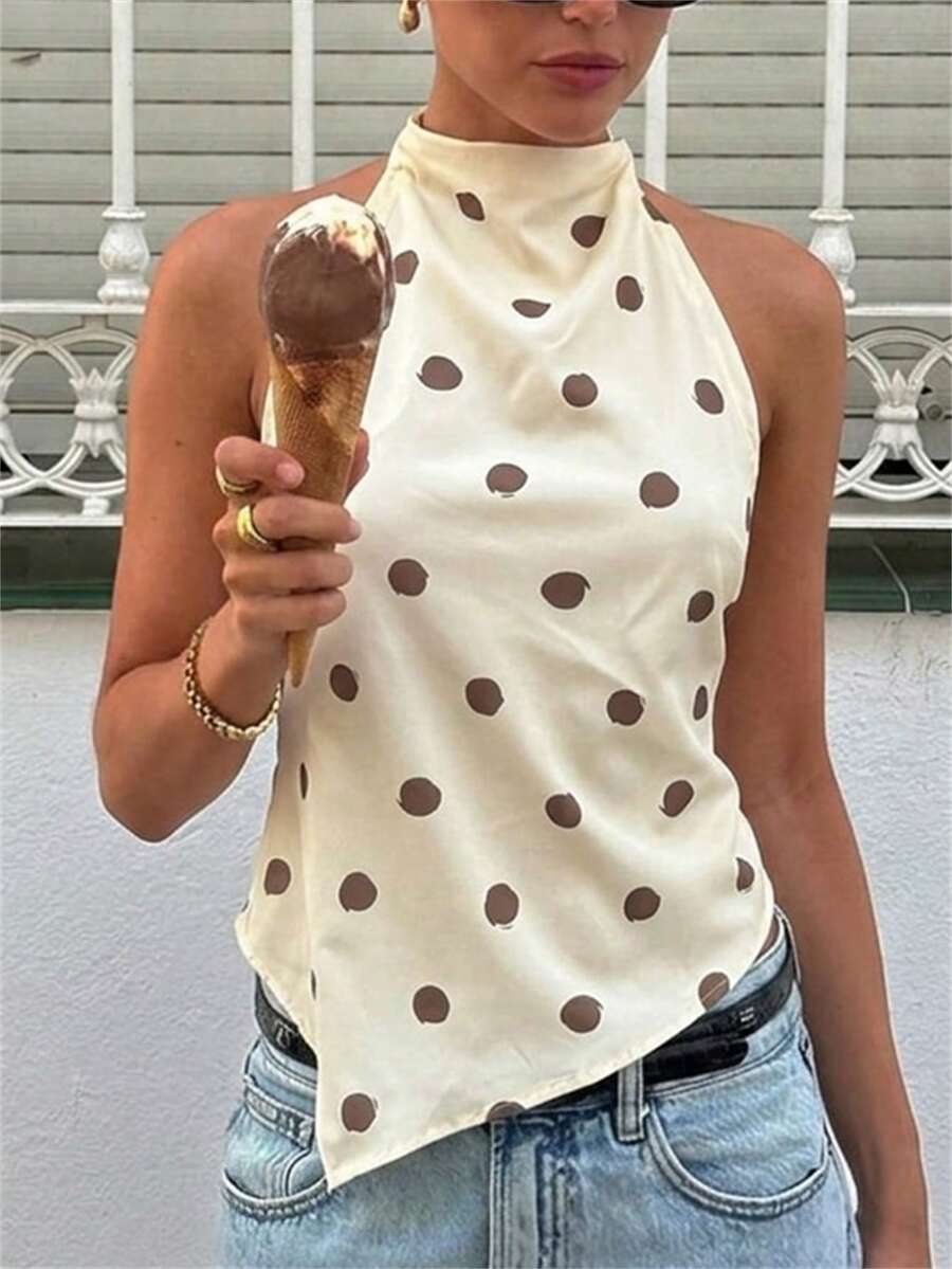 Aloruh Blouse dos nu à col ras-du-cou avec motif à pois marron, élégante pour les fêtes, les déplacements et les vacances - Multicolore - Voir 1