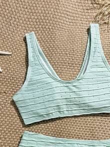 SHEIN Set Bikini Tanpa Lengan Warna Polos untuk Remaja Putri, Pakaian Renang Kasual - Hijau - View 4