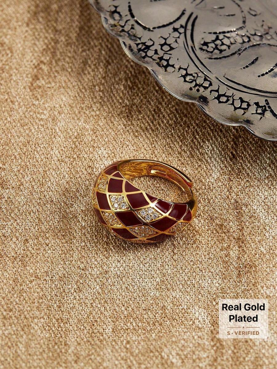 Glisma Anel Rômbico Revestido a Ouro 18K com Diamantes Incrustados, Anel Ajustável Aberto Feminino em Preto e Branco, Festa, Balada, Compras, Vintage, PREMIUM, Zircônia, Strass, Joias Ocidentais, Dinheiro Antigo, Gema, Looks, Para Mãe/Mulher/Menina/Mãe, Premium, SEXY/Elegante, Verão/Praia/Formatura, Camadas/Gemas/Contas/Cristais, Pingente/Robusto - Dourado - Visão 1