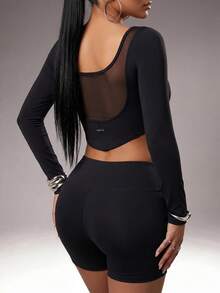 Radiana Mesh Patchwork Black Workout Women Tops T-Shirt  Solid Color Simple Long-Sleeve Casual Sports T-Shirt Slim Fit Basic Long-Sleeve T-Shirt, Suitable For Fitness, Yoga, Casual, Daily Wear, Tennis, Outdoor Activities, Running, And Vacations, Holiday, Suitable For All Seasons, Spring Summer Fall Winter - Black - View 7
