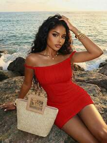Slaydiva Summer Fashion Basics, Versatile, Casual And Elegant, Suitable For Vacations, Travel, Beaches, Seaside, Pools, Yachts, Sunbathing. A , Sexy, And Elegant Women's Mini Dress In White Jacquard Wavy Stripe Fabric With A Cable Knit Back And Ruched Details-Z - Red - View 6