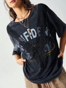 Bohemela Casual Graphic Grunge Solid Color Knit Round Neck Short Sleeve Loose Washed Women's T-Shirt Music Grey Summer - Black - View 6
