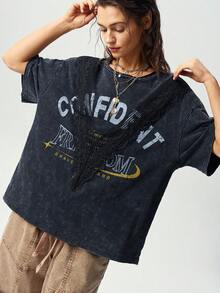 Bohemela Casual Graphic Grunge Solid Color Knit Round Neck Short Sleeve Loose Washed Women's T-Shirt Music Grey Summer - Black - View 7