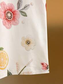 GlowEve Women's Casual Cute Colorblock Round Neck Short Sleeve T-Shirt, Summer Style Tea Party White And Blue Floral - Multicolor - View 3