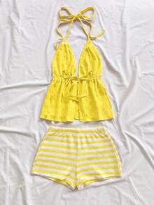 Soleia Casual Halter V-Neck Tie Back Textured Fabric Red Tank Top Women's Vacation Spring/Summer Red And White Striped Knit Asymmetric Neck Fitted Top And Ultra Low Waist Tight Shorts 2pcs Set Party Christmas Valentine's Day Date Beach Cruise Vacation Carnival Easter 2pcs Set, Soft Fabric - Pale Yellow - View 7