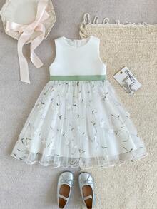 SHEIN 女童公主洋裝，花童生日派對婚禮節日禮服，緞面質感面料，無袖，豌豆綠，3D花朵網紗裙襬，中東歐美風後背繫帶蝴蝶結 - 白色 - 查看 6