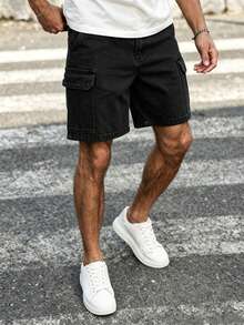 Manfinity Homme 男士夏季休閒翻蓋口袋工裝牛仔短褲 - 黑色 - 查看 3
