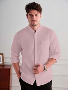Core Aspect Camisa de manga larga con botones delanteros y bolsillo de parche, unicolor, estilo minimalista casual para hombre, formal - Rosa - Ver 6