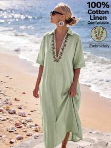 SHEIN Holidaya Summer All Cotton Embroidered Dress Vacation Beach Picnic Holiday Bohemian Boho Casual Placement Floral V-Neck Women's Long Dress Sage Green Floral - Green - View 6