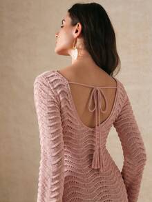 Anewsta Einfarbiges sexy gestricktes Strandkleid mit Cut-outs und welligen ausgestellten Ärmeln - Korallenrosa - Übersicht 7