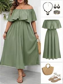 SHEIN CURVE+ Curve 尺码 US22 音乐节、海滨度假、波西米亚风黑色露肩宽松 A 字连衣裙、休闲度假连衣裙、黑色时尚连衣裙 - 橄欖綠 - 查看 6