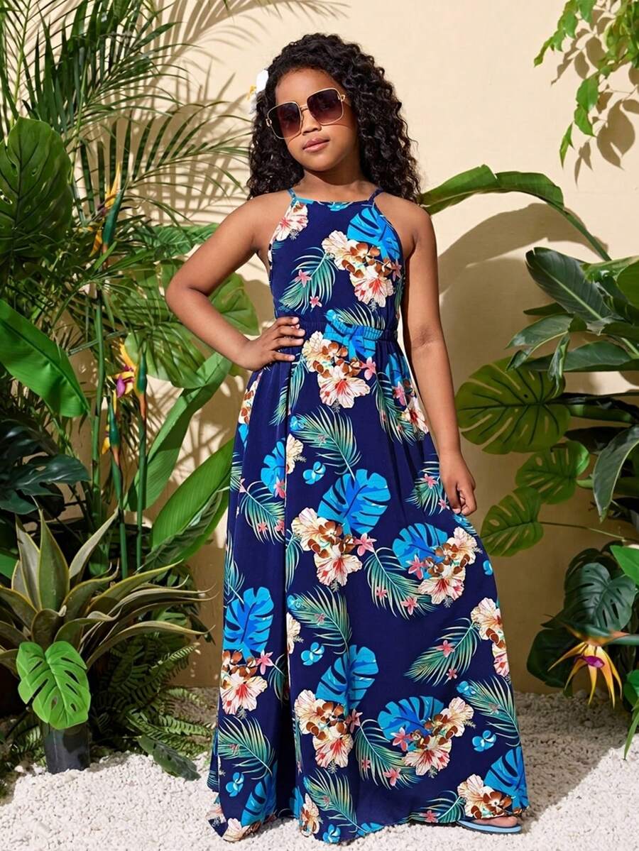 Tween Girls' Casual Vacation Floral Halter Backless Dress - Green - View 1