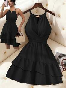 Elenzga Elegant Beaded Halter Tie Shoulder Ruffle Hem Plus Size Dress - Black - View 1
