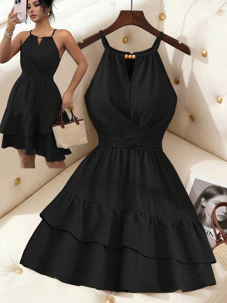 Elenzga Elegant Beaded Halter Tie Shoulder Ruffle Hem Plus Size Dress - Black - View 1
